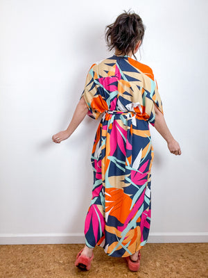 High Low Kimono Multicolor Palms Rayon Challis