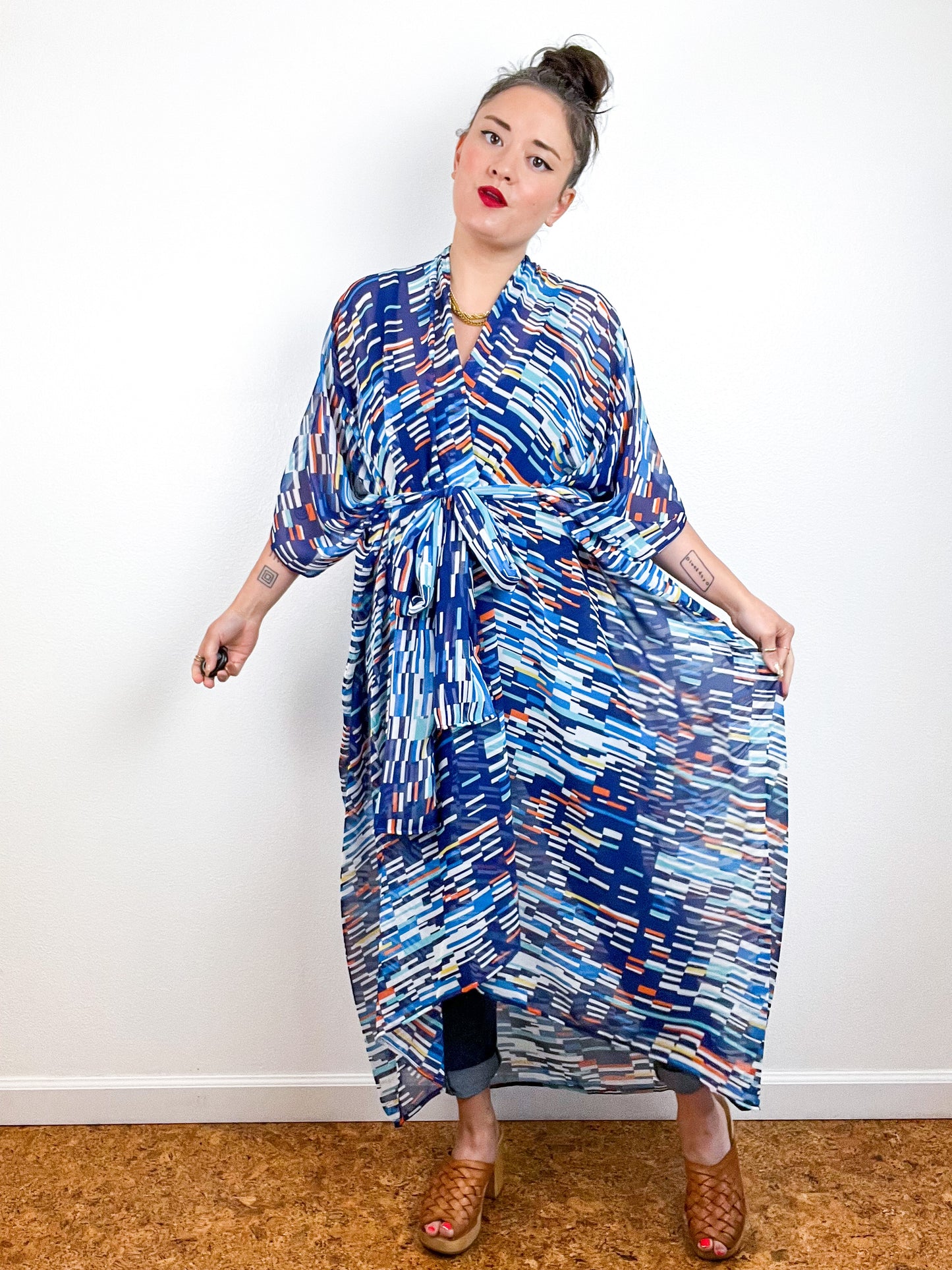 Print High Low Kimono Blue Orange Lines Chiffon