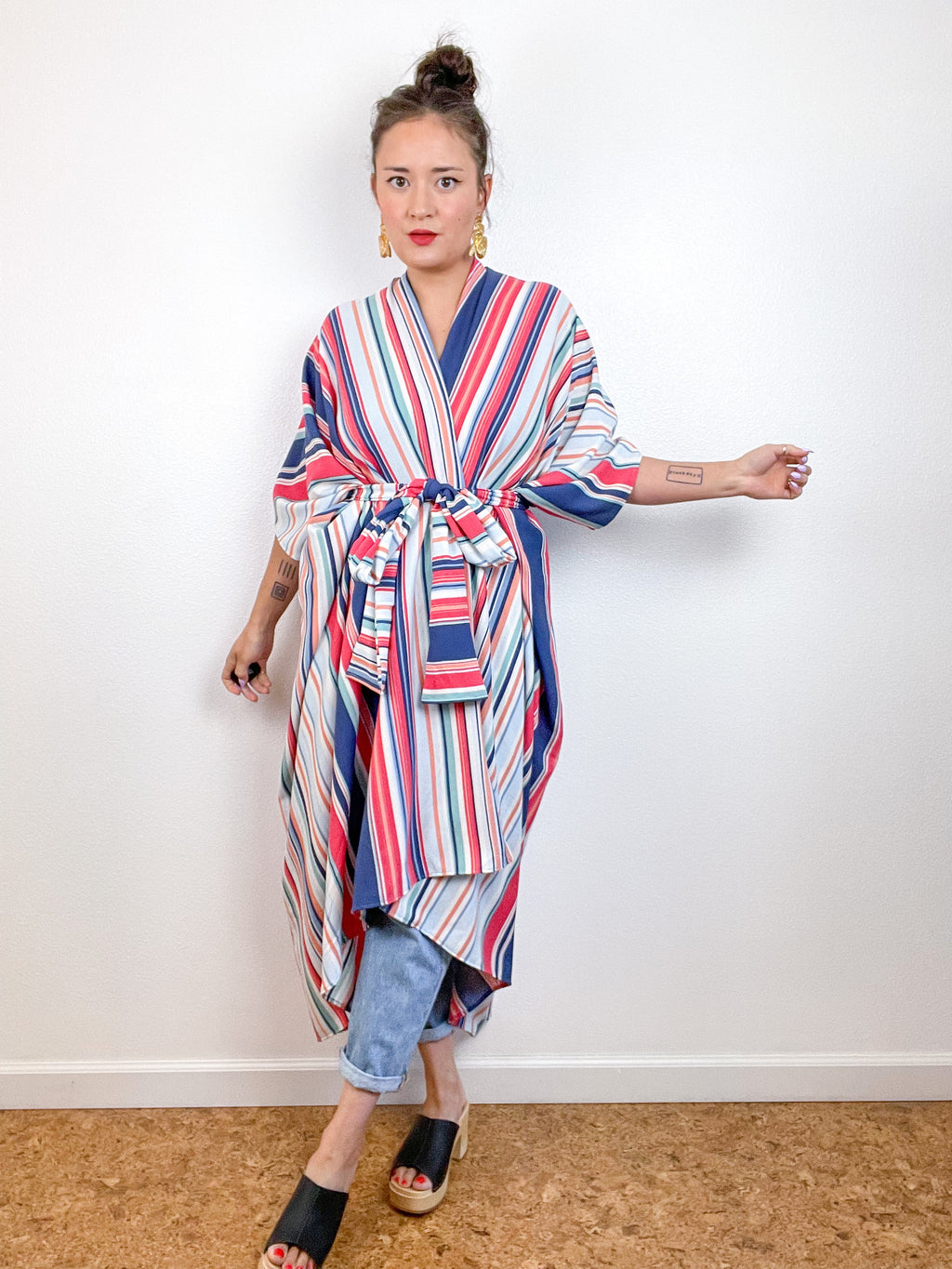 Print High Low Kimono Pastel Stripes Rayon Crepe