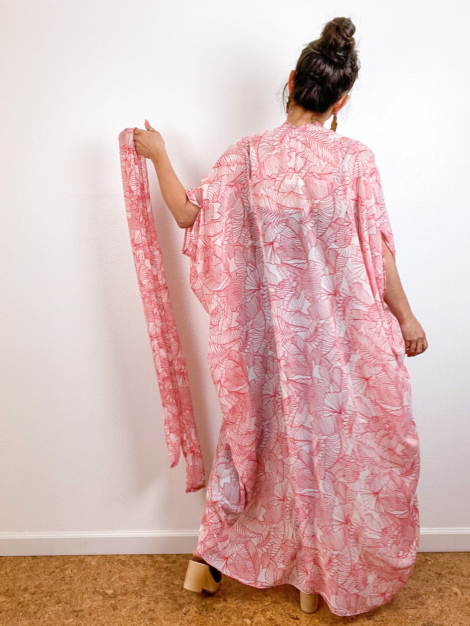 Print High Low Kimono Red Ivory Leaves Chiffon