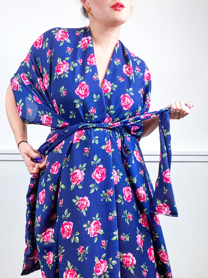 Print High Low Kimono Navy Pink Rose Satin