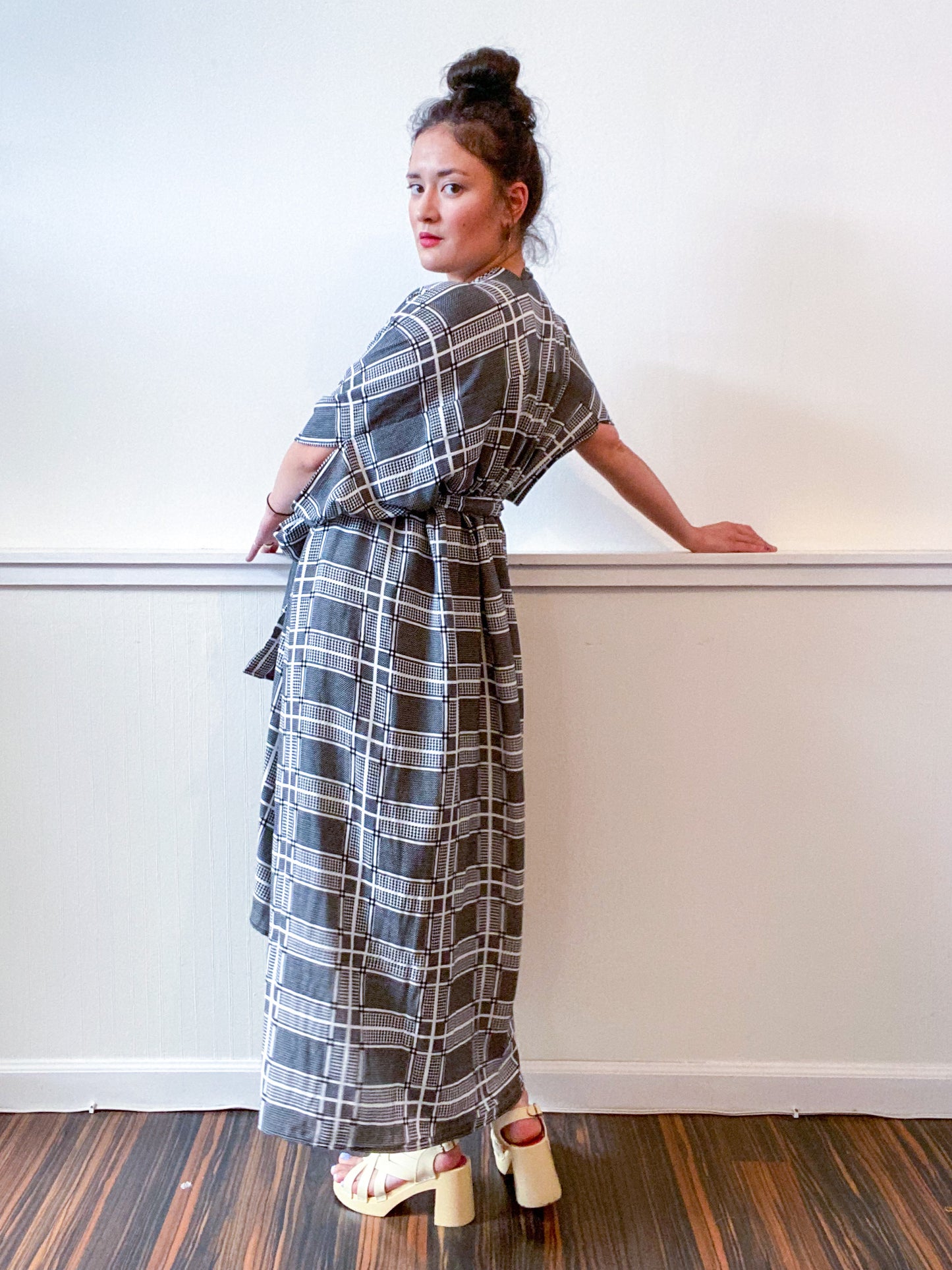 Print High Low Kimono Houndstooth Plaid Rayon