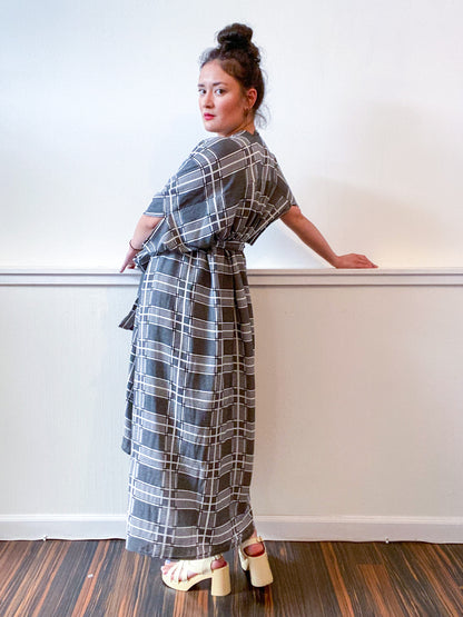 Print High Low Kimono Houndstooth Plaid Rayon