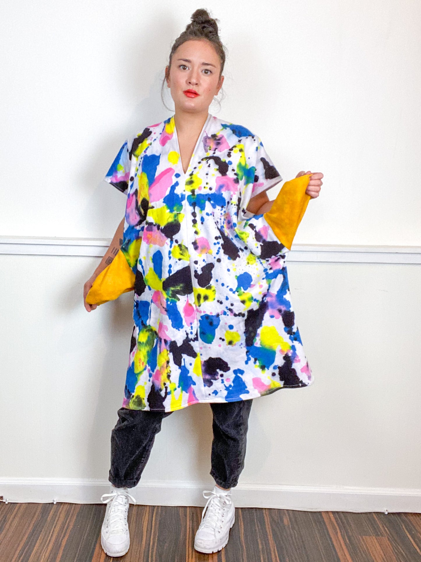 Hand-Dyed Sweatshirt Smock Dress Pink Raven Royal Lemon