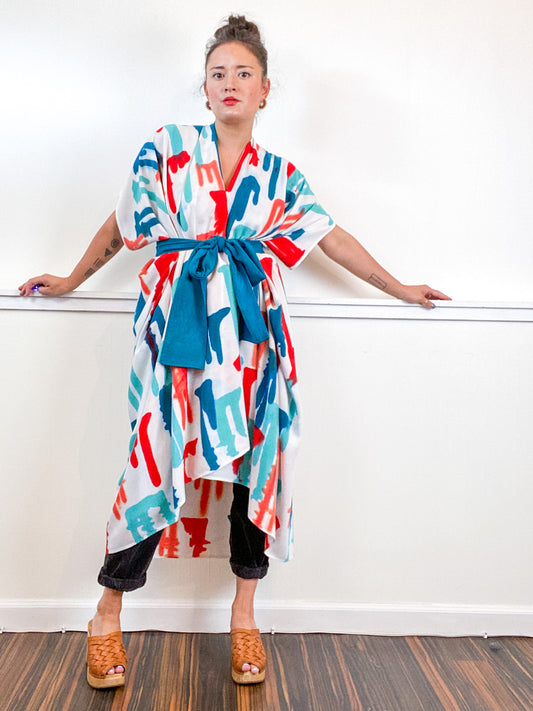 OOAK Hand-Dyed High Low Kimono Coral Parakeet Scarlet Kingfisher Drips