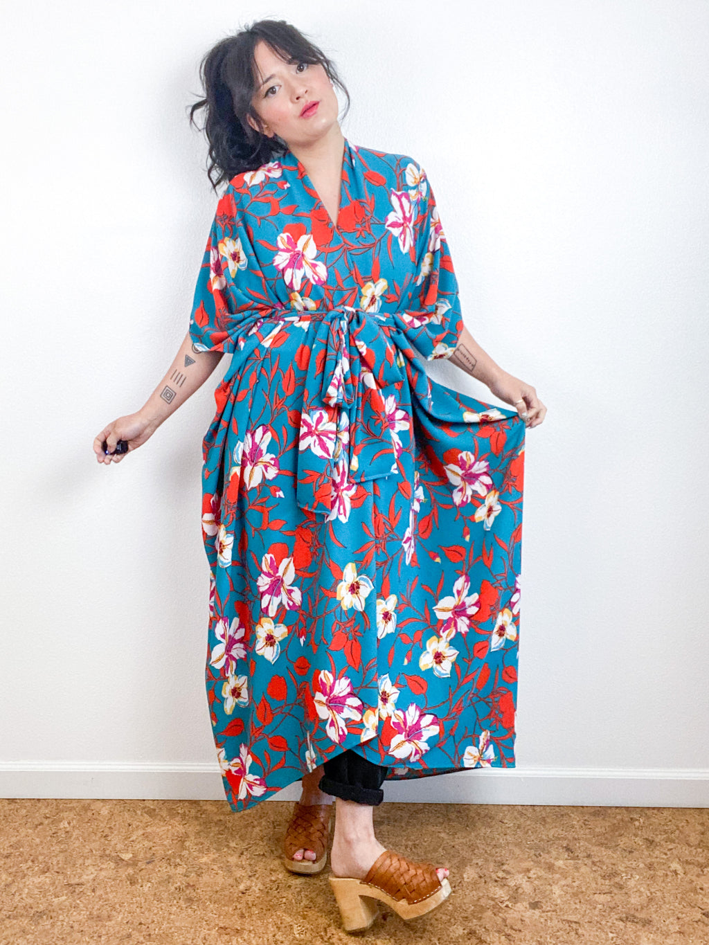 Print High Low Kimono Turquoise Orange Floral Bubble Crepe