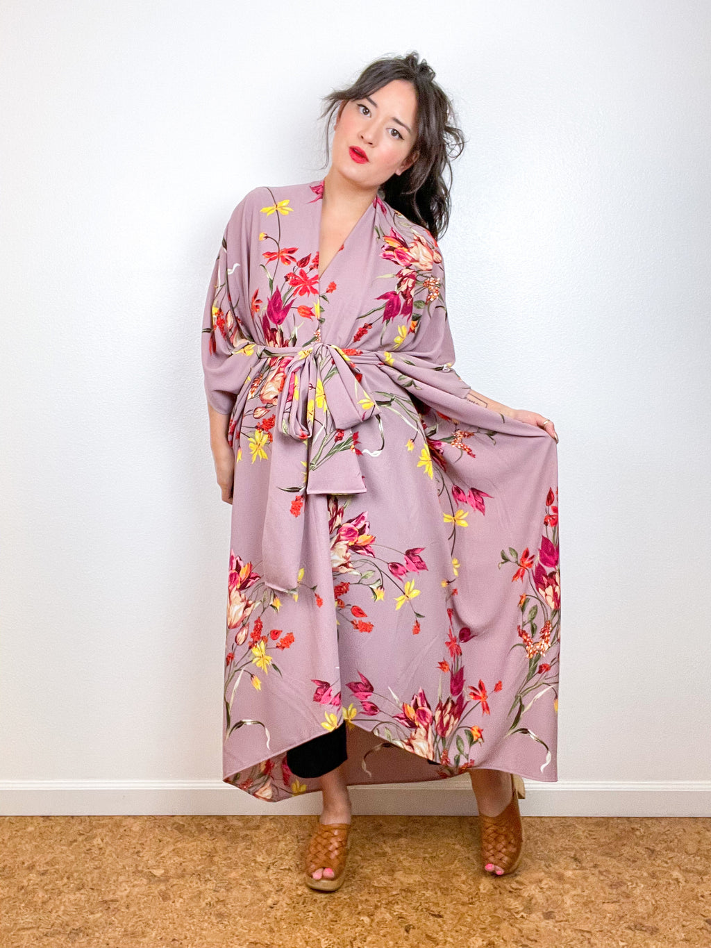 Print High Low Kimono Mauve Floral Bubble Crepe