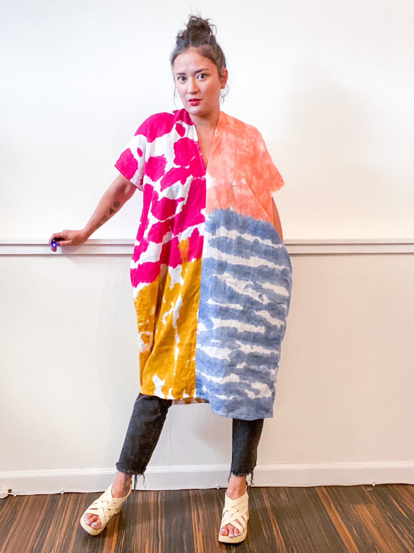 Hand-Dyed Linen Smock Dress Four-Tone