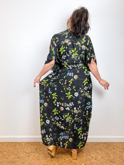 Print High Low Kimono Black Wildflower Crinkle Gauze