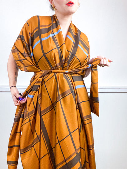 Print High Low Kimono Bronze Plaid Challis