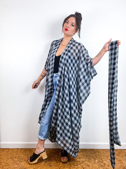 Print High Low Kimono Black Grey Checker Chiffon