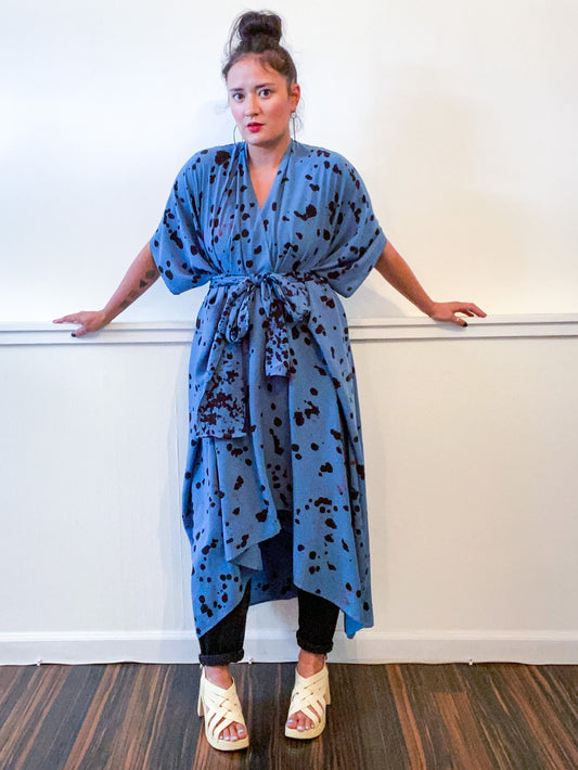 Hand-Dyed High Low Kimono Blue Black Pink Drops