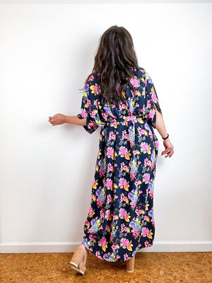 Print High Low Kimono Navy Neon Floral Charmeuse