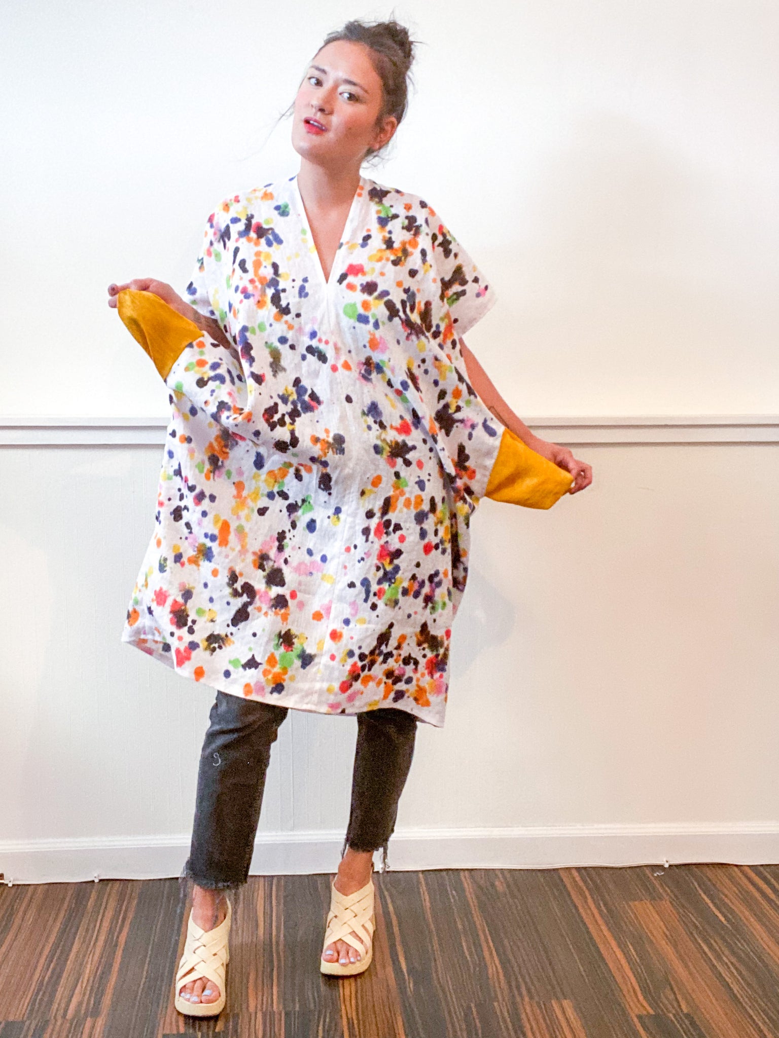 Hand-Dyed Linen Smock Dress Multicolor Drops