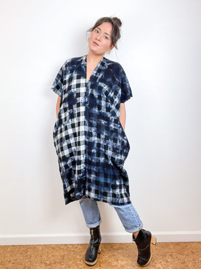 Over Dye Plaid Flannel Smock Dress Black White Buffalo