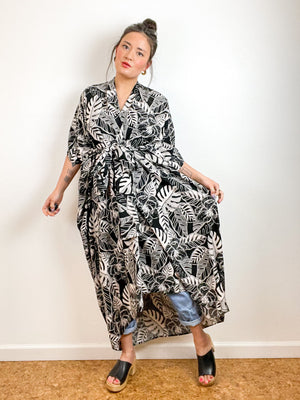 High Low Kimono Black Tan Tropical Leaves Rayon Challis