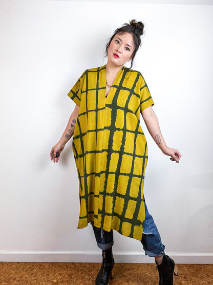 Hand-Dyed Midi Smock Dress Marigold Black Windowpane