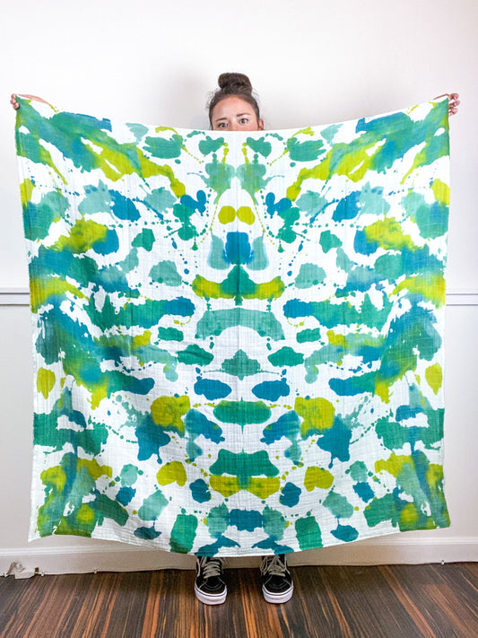 Hand-Dyed Large Square Scarf Emerald Sea Chartreuse Kingfisher