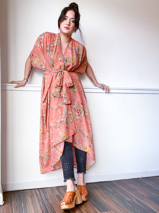 Print High Low Kimono Orange Floral Chiffon