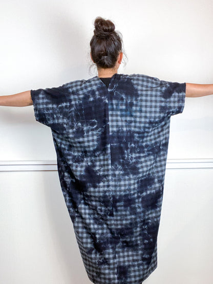 Over-Dye Plaid Smock Dress Grey Black Midi