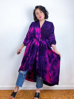 Hand-Dyed High Low Kimono Fuchsia Purple Tie