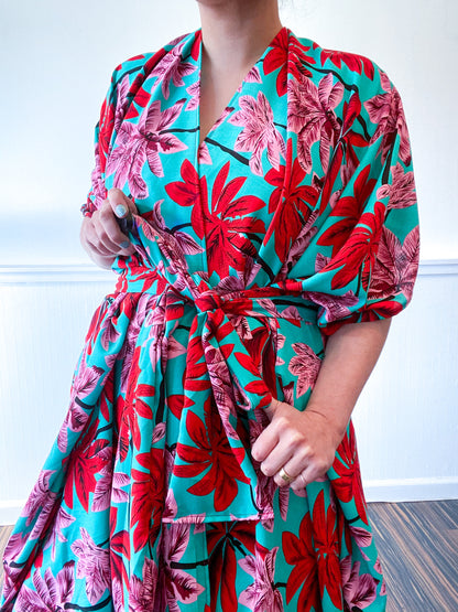 Print High Low Kimono Tropical Palms Rayon Challis