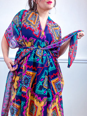 Print High Low Kimono Multicolor Tiles Chiffon
