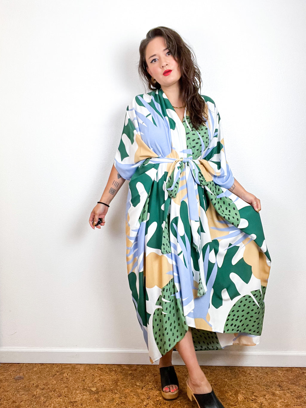 Print High Low Kimono Green Monstera Challis