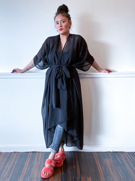 Print High Low Kimono Black Swiss Dot Chiffon