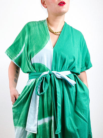 Single Gauze Midi Caftan Dress Green Aqua Brushstrokes