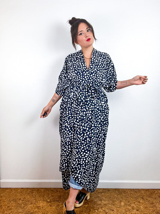 Print High Low Kimono Navy White Specks Challis