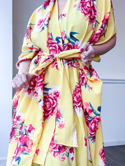 Print High Low Kimono Yellow Red Rose Floral Rayon Challis