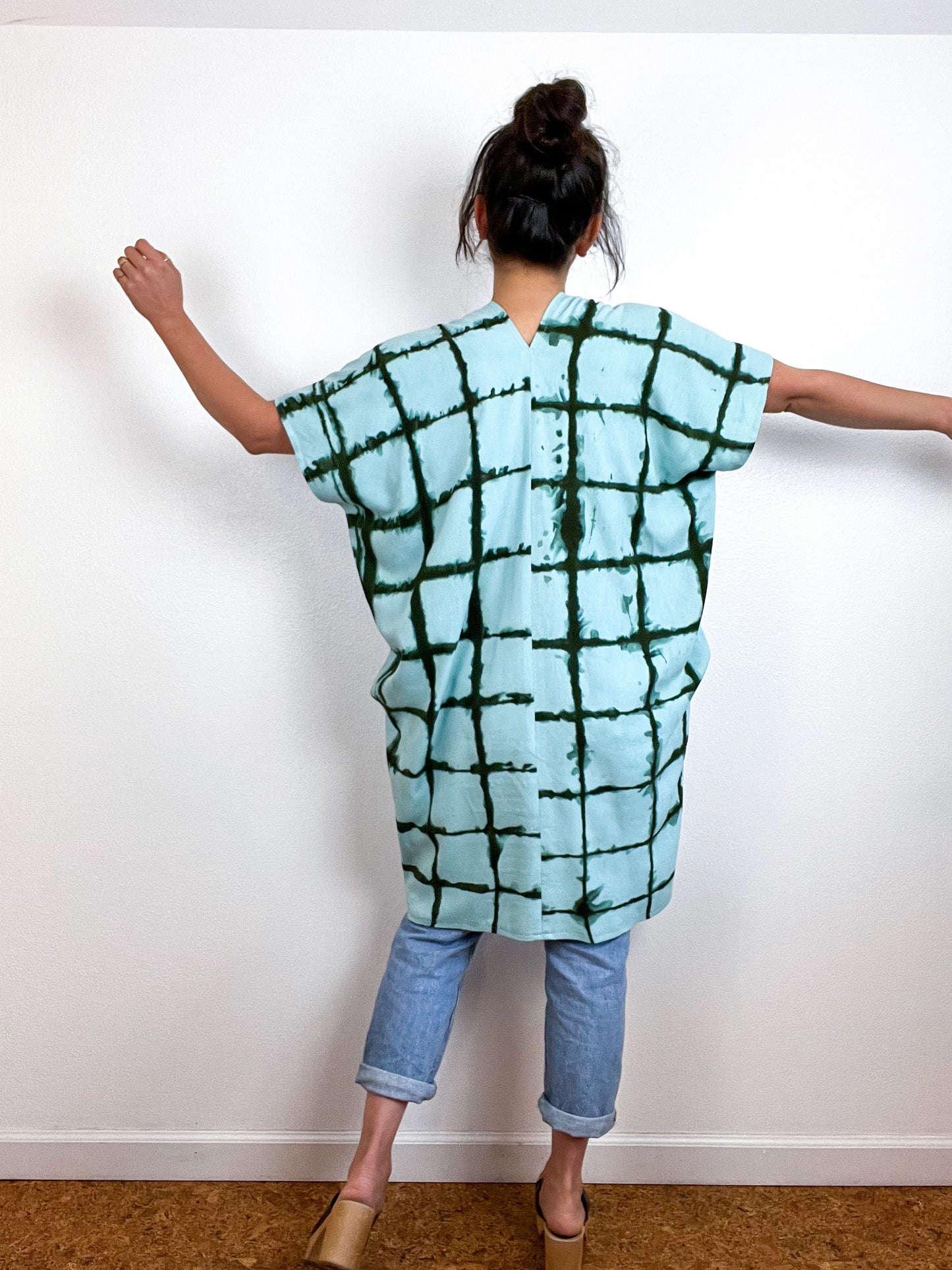 Hand-Dyed Mini Smock Dress Aqua Forest Windowpane