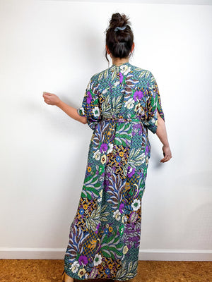 Print High Low Kimono Green Multi Floral Bubble Crepe