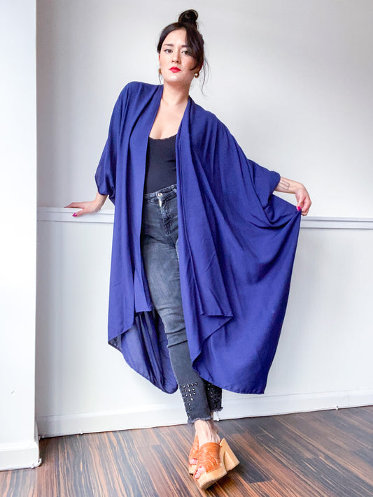 Print High Low Kimono Navy Blue Challis