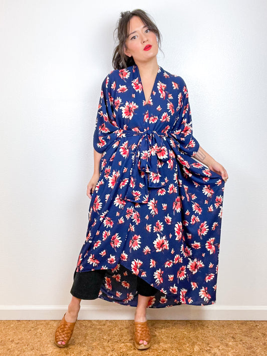 Print High Low Kimono Navy Peach Georgette