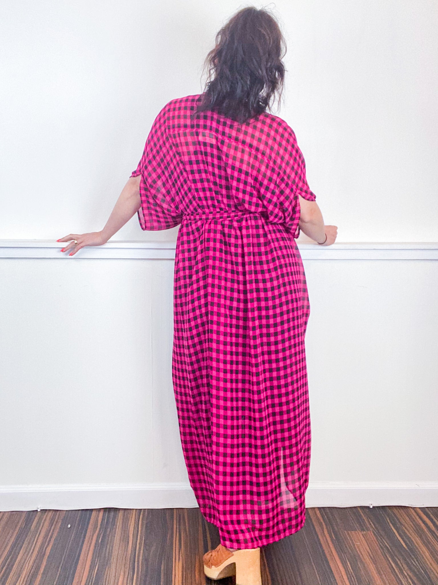 Print High Low Kimono Pink Black Gingham Chiffon
