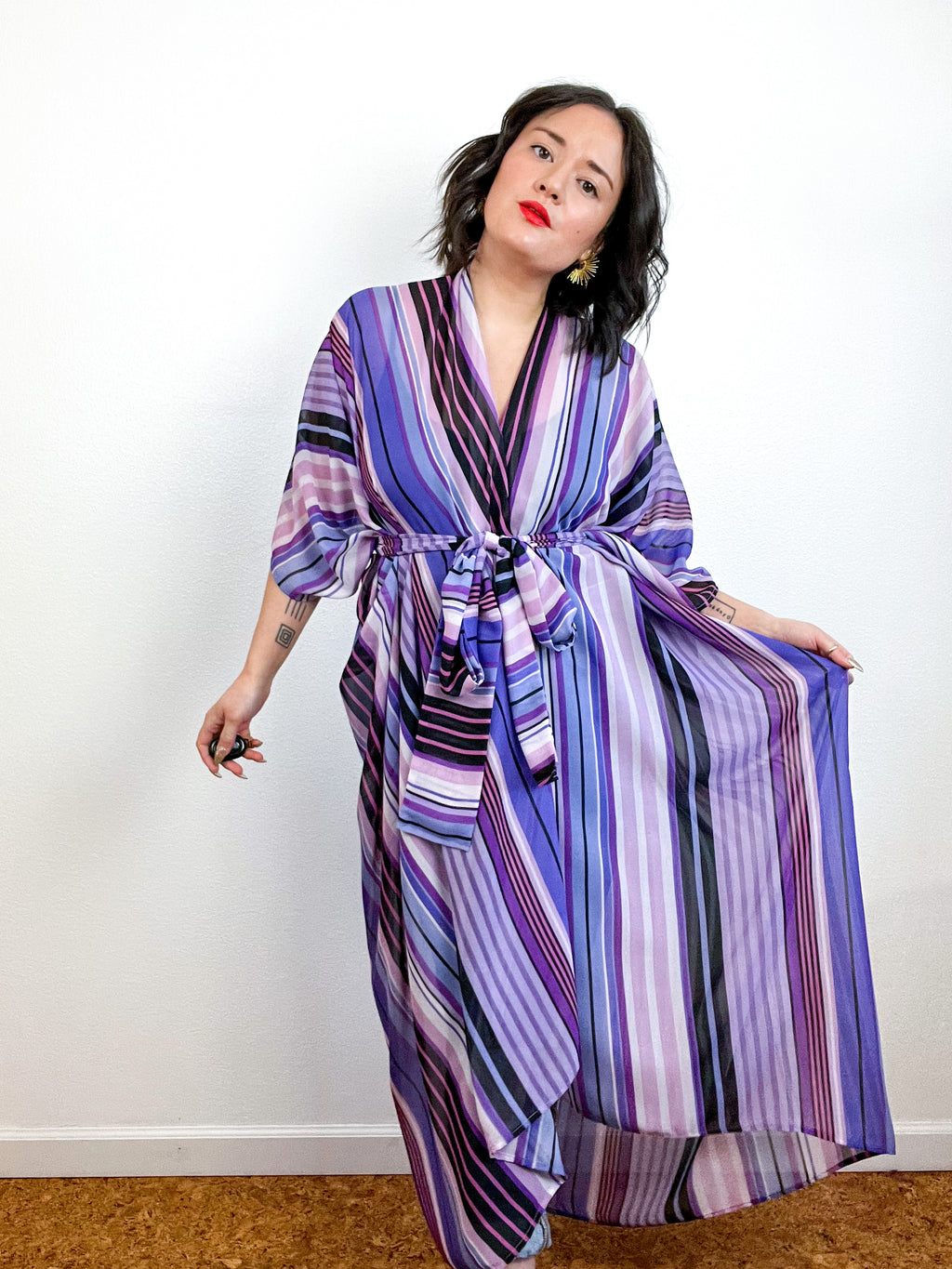 Print High Low Kimono Purple Stripes Chiffon
