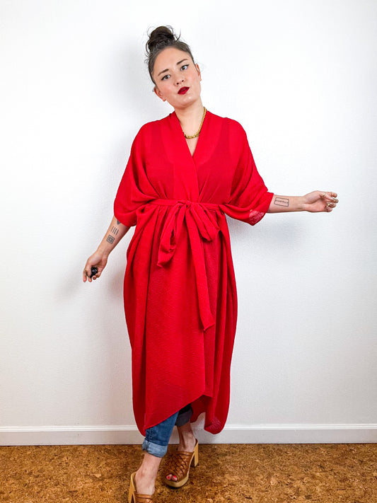 Solid High Low Kimono Red Jacquard Chiffon