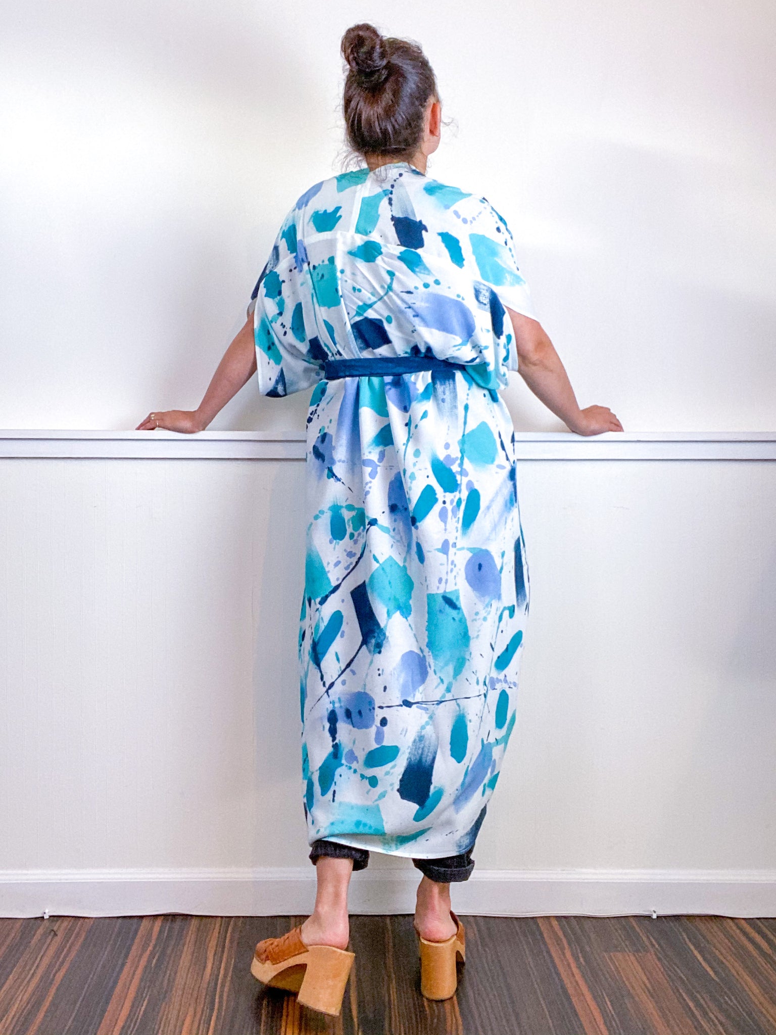 OOAK Hand-Dyed High Low Kimono Teal Parakeet Baby Blue Aqua Gesture