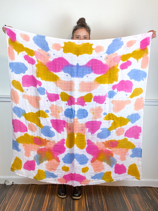 Hand-Dyed Large Square Scarf Blue Coral Fuchsia Marigold