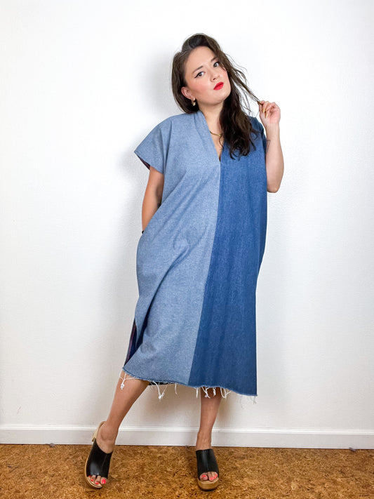 Denim Midi Smock Dress Two Tone