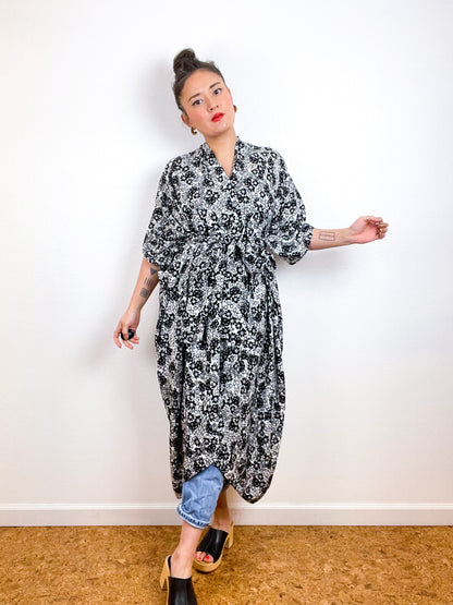 High Low Kimono Black White Mini Floral Rayon Crepe
