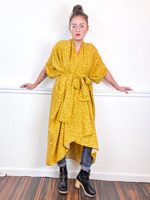 Print High Low Kimono Mustard Hexagon Rayon Challis