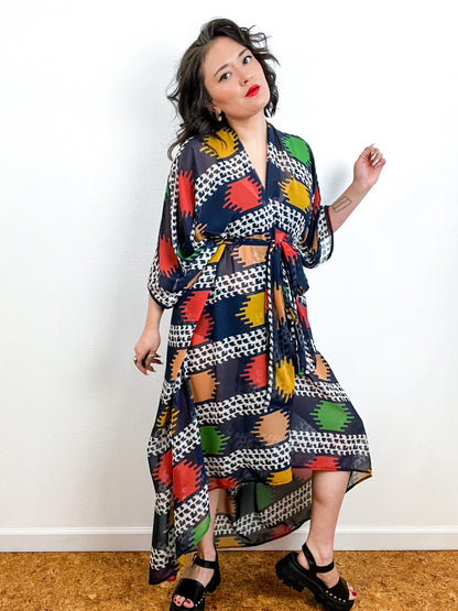 Print High Low Kimono Navy Graphic Print Chiffon