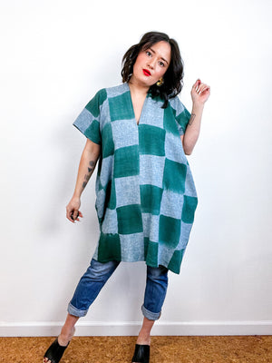 Hand-Dyed Mini Smock Dress Blue Green Checkerboard