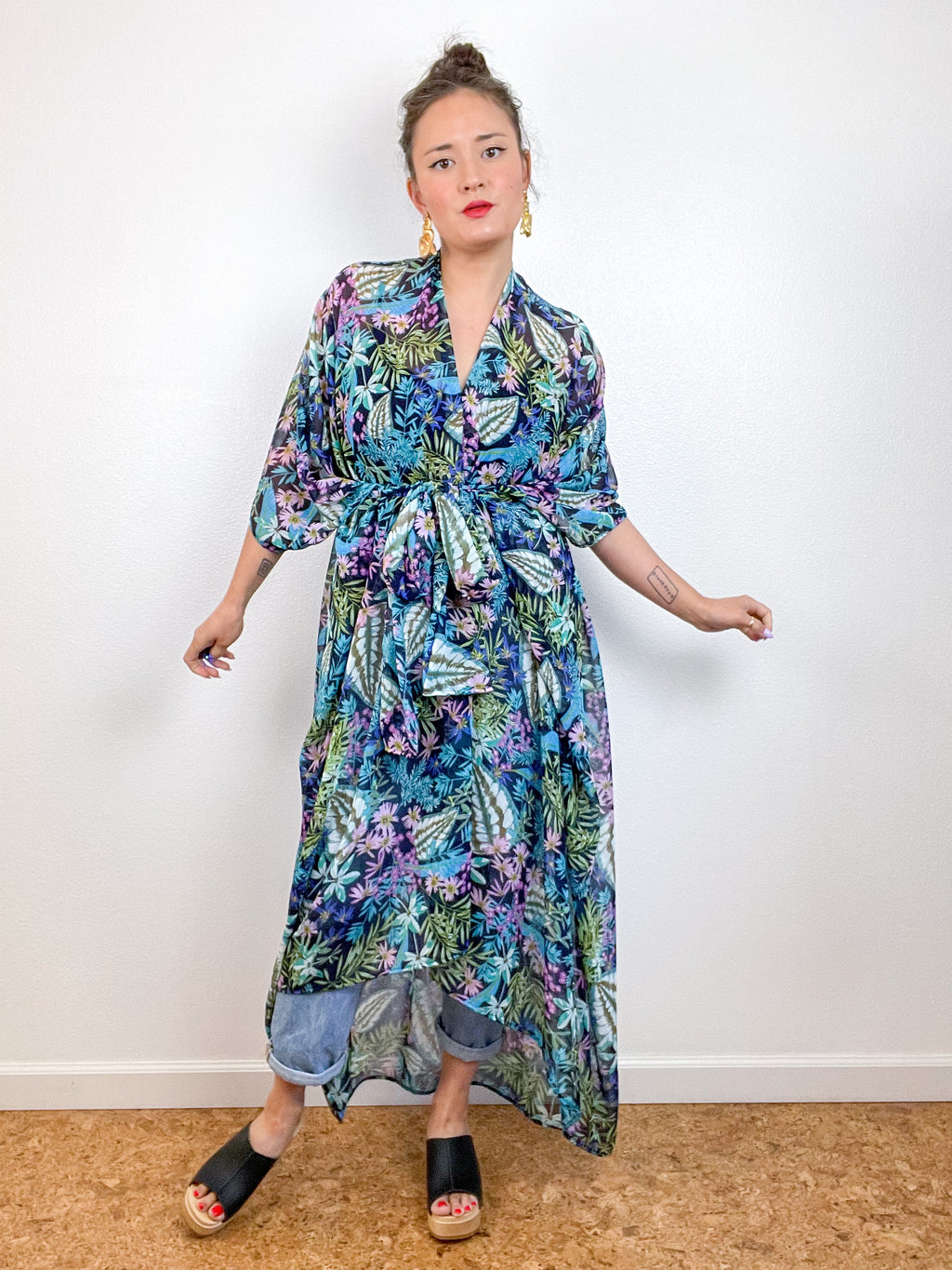 Print High Low Kimono Navy Tropical Floral Chiffon