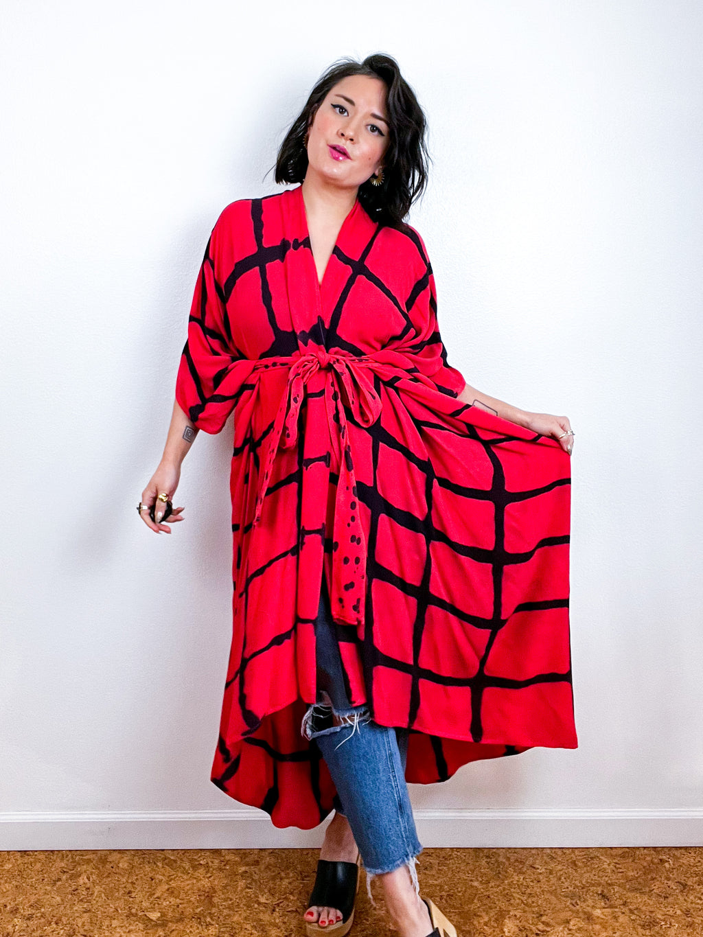 Hand-Dyed High Low Kimono Scarlet Black Windowpane