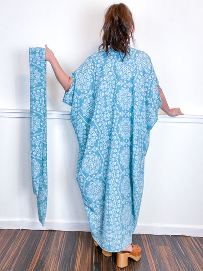 Print High Low Kimono Aqua Medallion Bubble Crepe