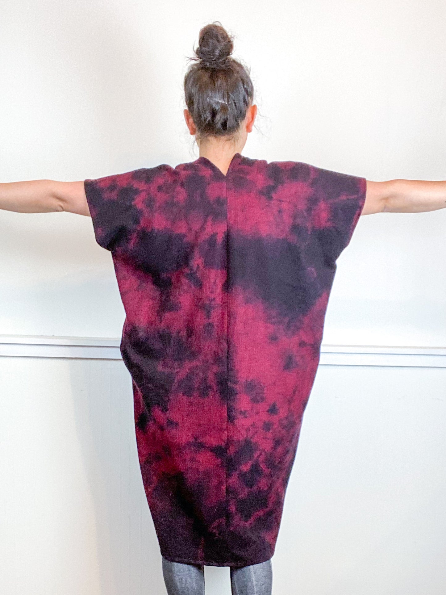 Over-Dye Herringbone Smock Dress Black Red Midi